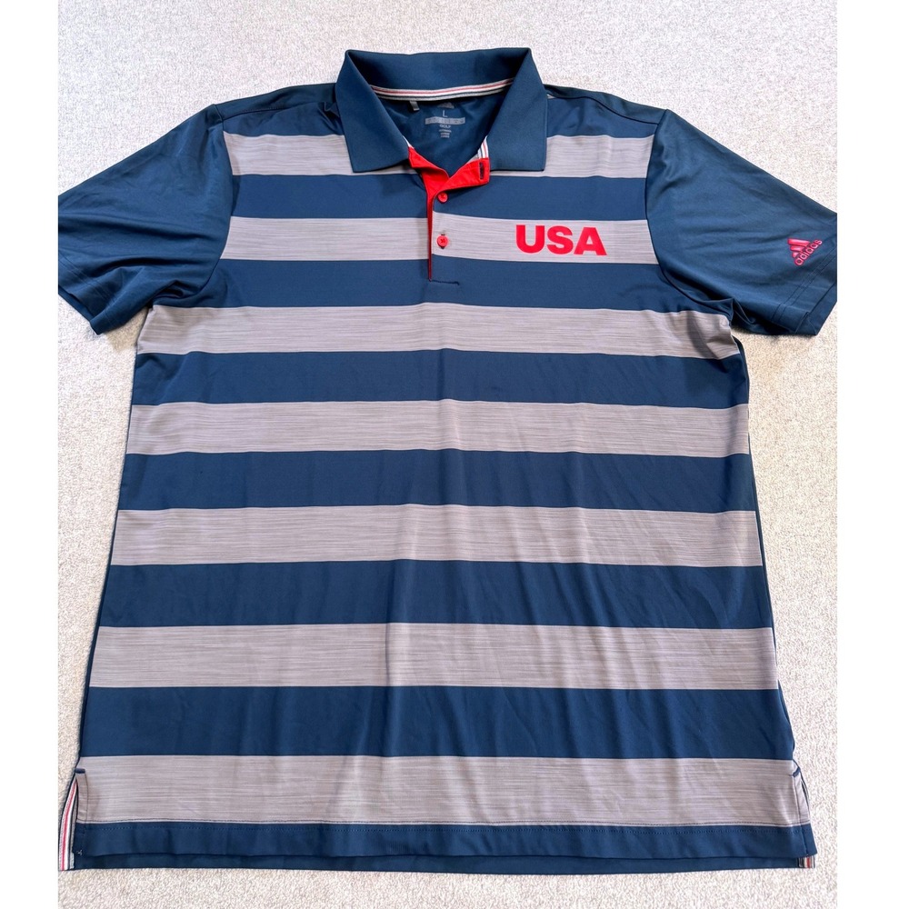 Adidas Golf Polo Shirt Mens Large Blue Gray Striped USA Performance Short Sleeve